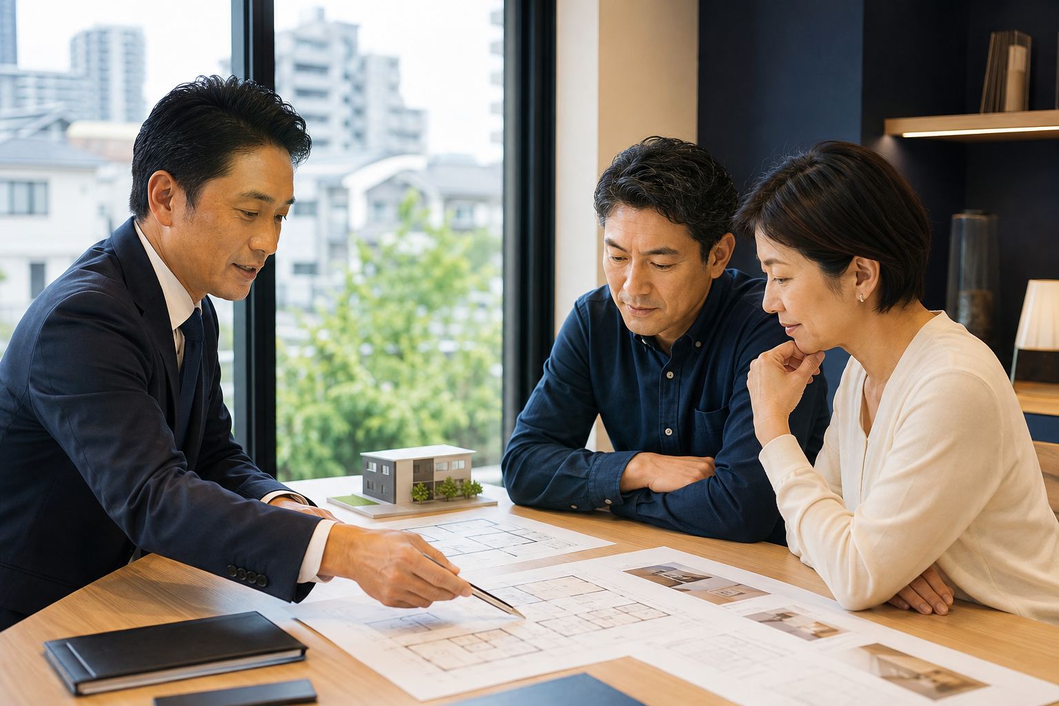 相談者と一緒に住宅の図面を確認する不動産相談の様子