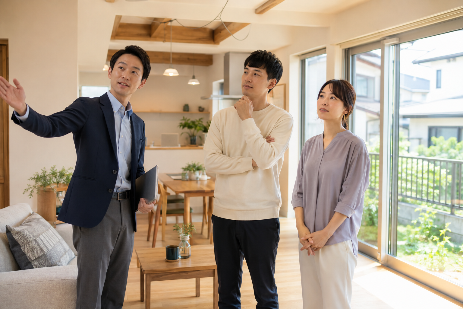 明るい住宅で住まいの希望を相談する夫婦とアドバイザー