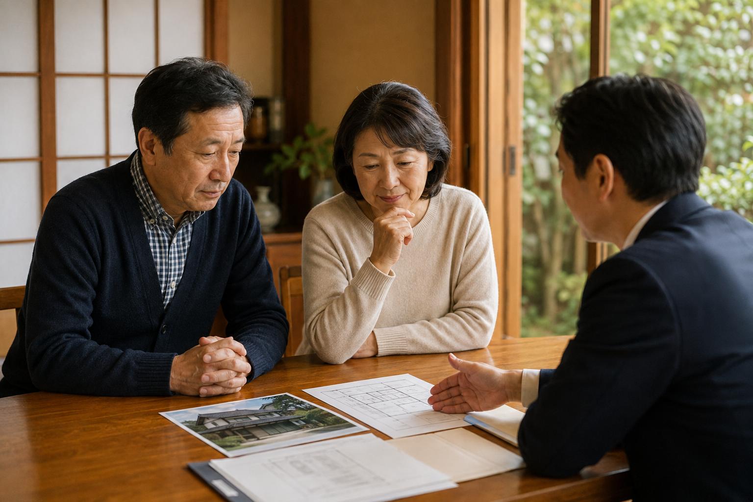 実家で相続した不動産について相談する家族とアドバイザー