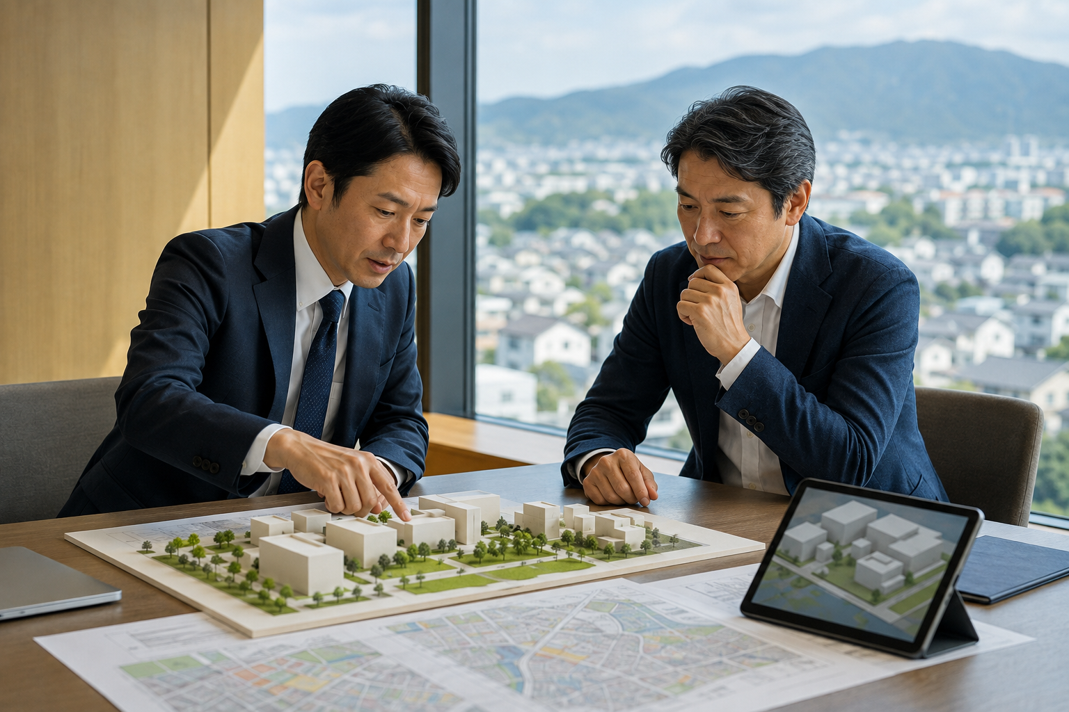 土地の模型を見ながら活用方法を検討する相談者と専門家