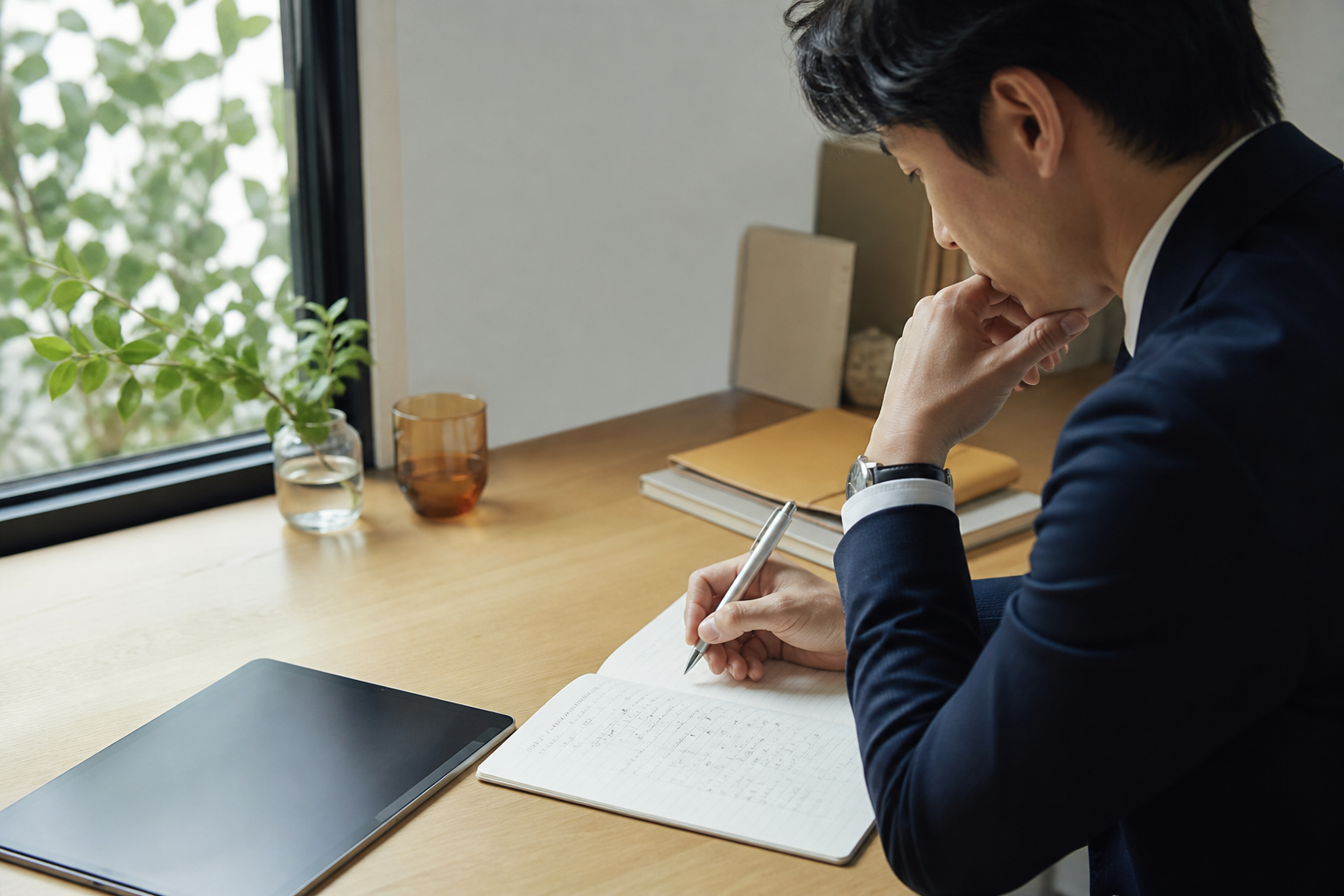 営業の振り返りと改善をノートにまとめるビジネスパーソン